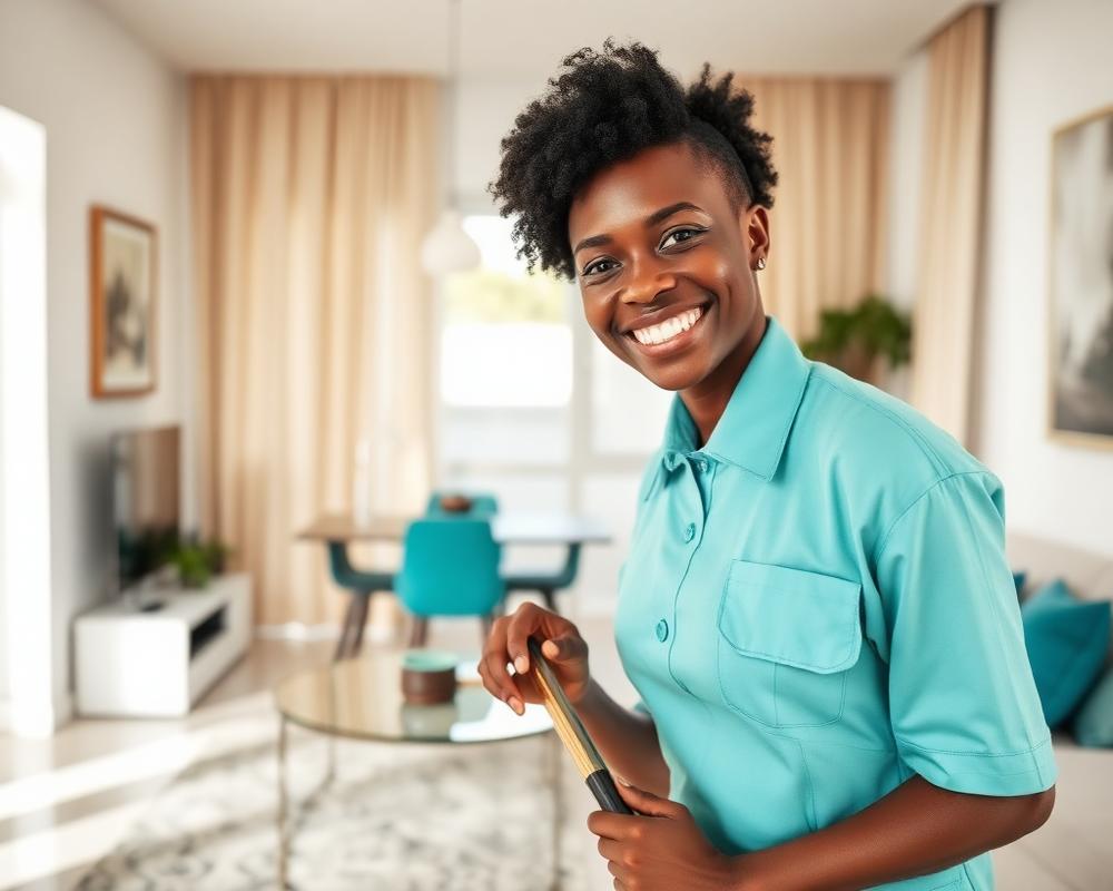Ghanaian MILNAX cleaner in a bright Accra apartment living room