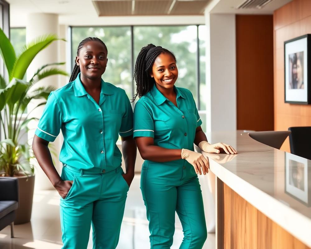 Two Ghanaian MILNAX cleaners in a modern Accra office reception
