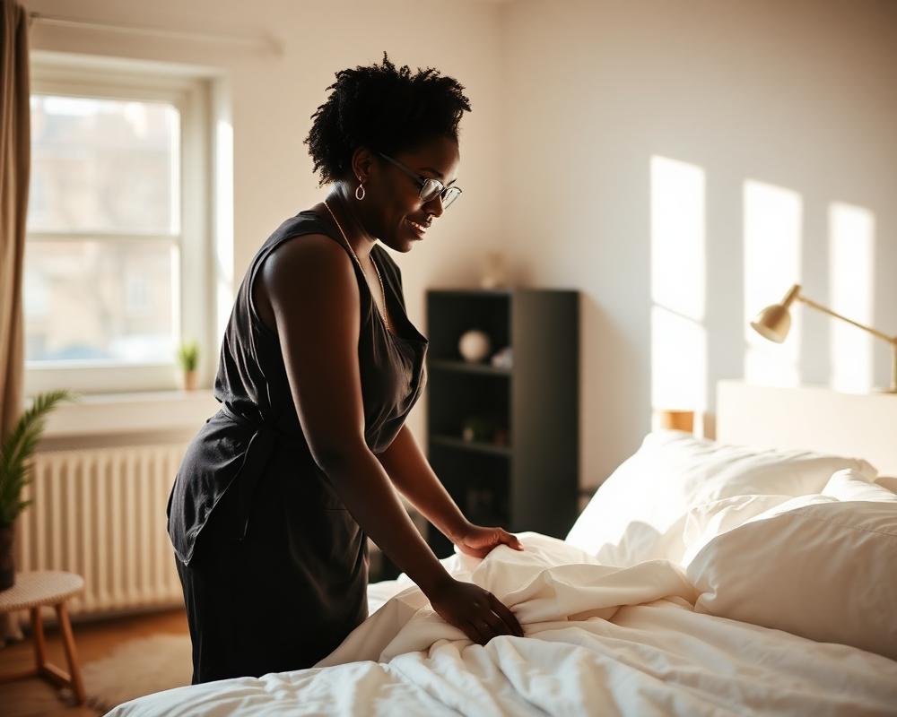 Housekeeper preparing a bed with fresh white linen