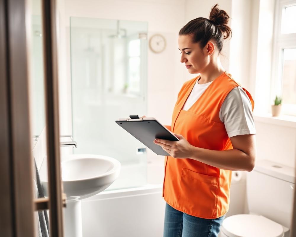 Supervisor inspecting a spotless bathroom with a checklist