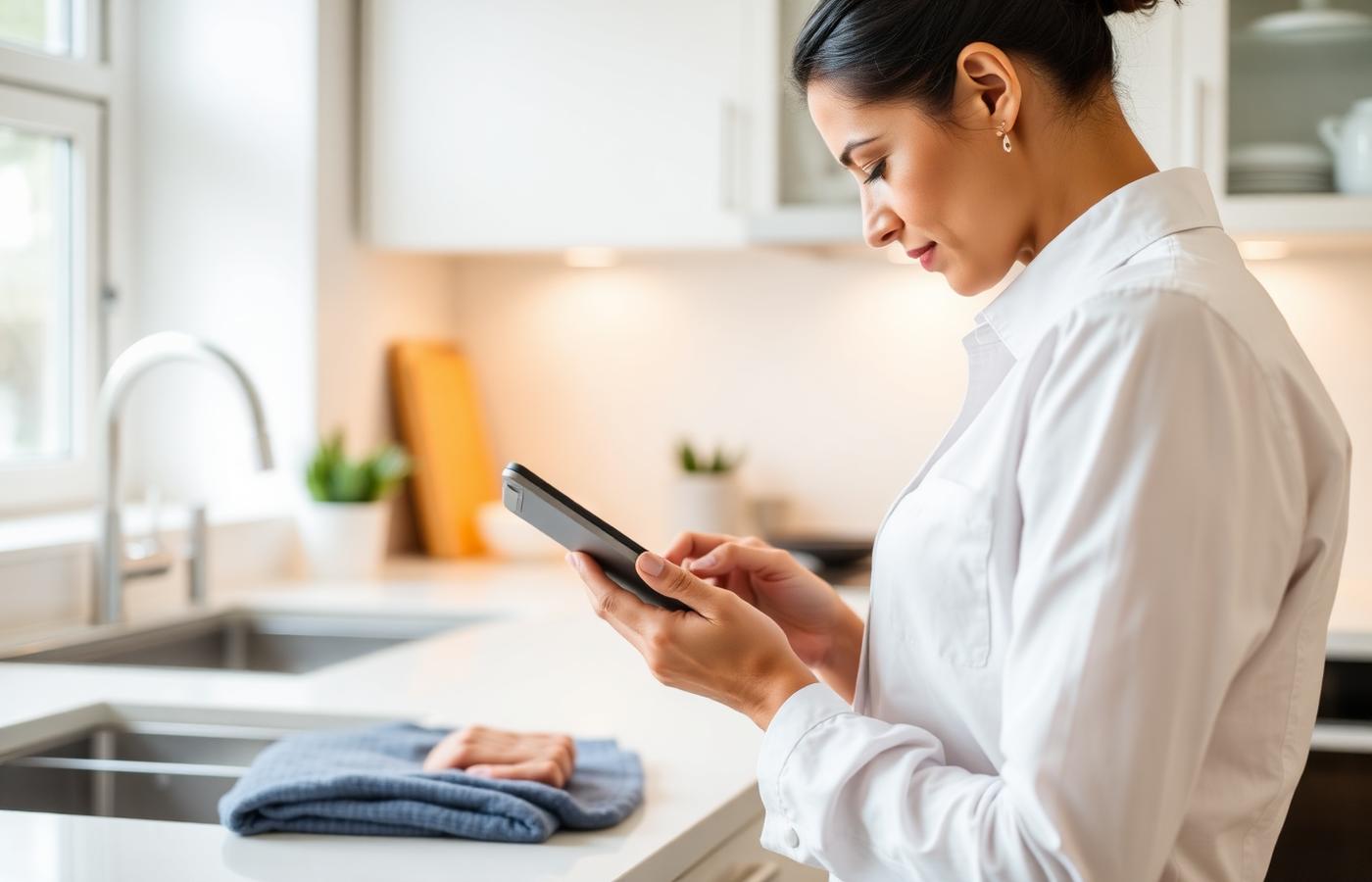 Cleaner completing a digital cleaning checklist on a tablet in a spotless kitchen