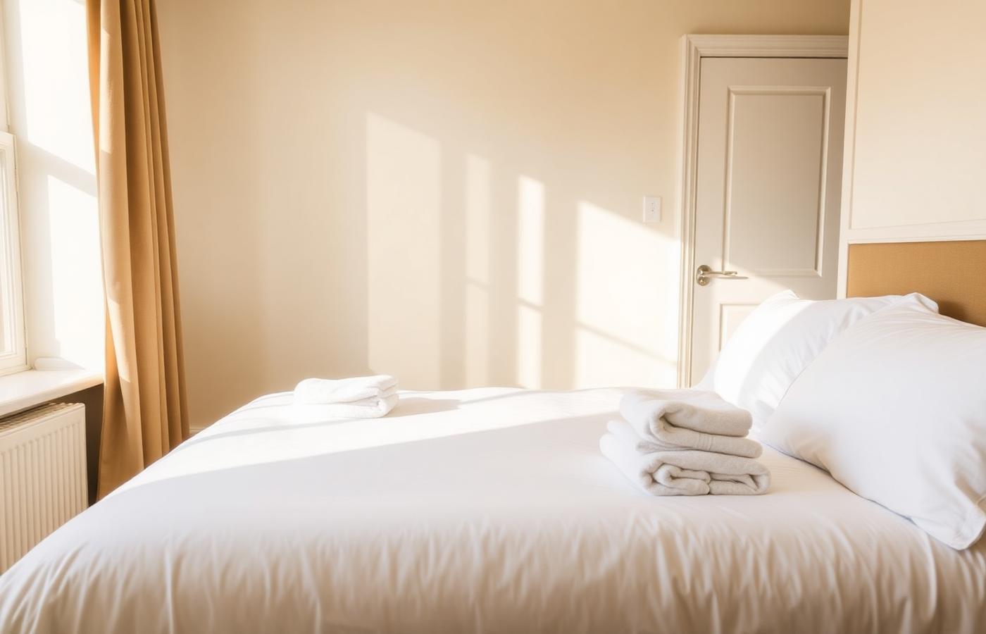 Short-let bedroom prepared with fresh linen and folded towels